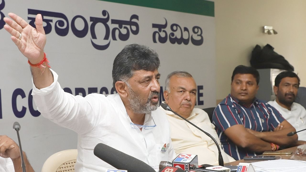 KPCC President D K Shivakumar addressing a press conference addressing a press conference on the Mekedatu Chalo Rally at KPCC Office, in Bengaluru. Credit: IANS Photo