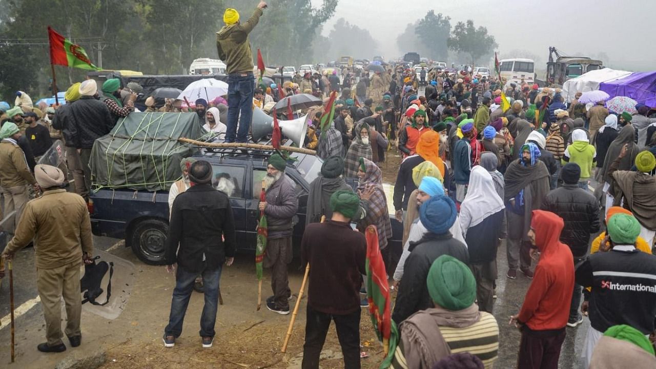 Farmers stage a demonstration to block Prime Minister Narendra Modi's cavalcade, in Ferozepur, Wednesday, January 5, 2022. Credit: PTI File Photo