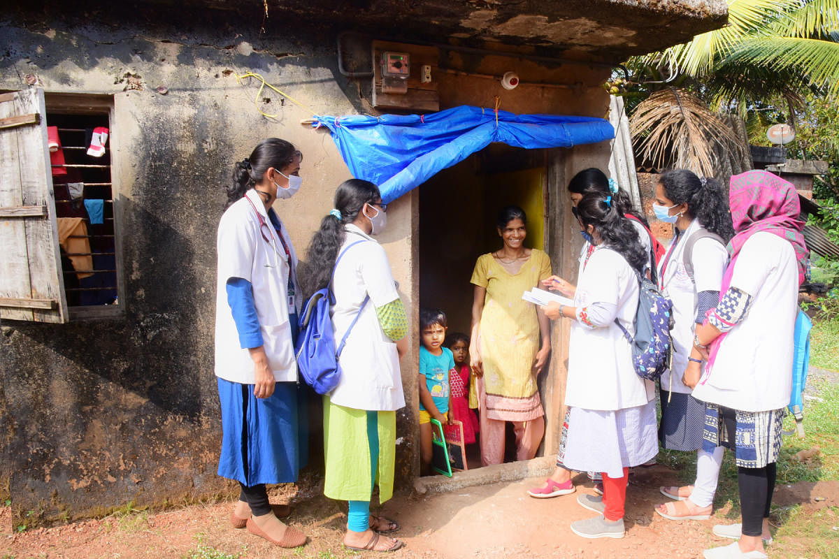 Students collect data on the health condition of the families in Balepuni Gram Panchayat in Bantwal taluk.