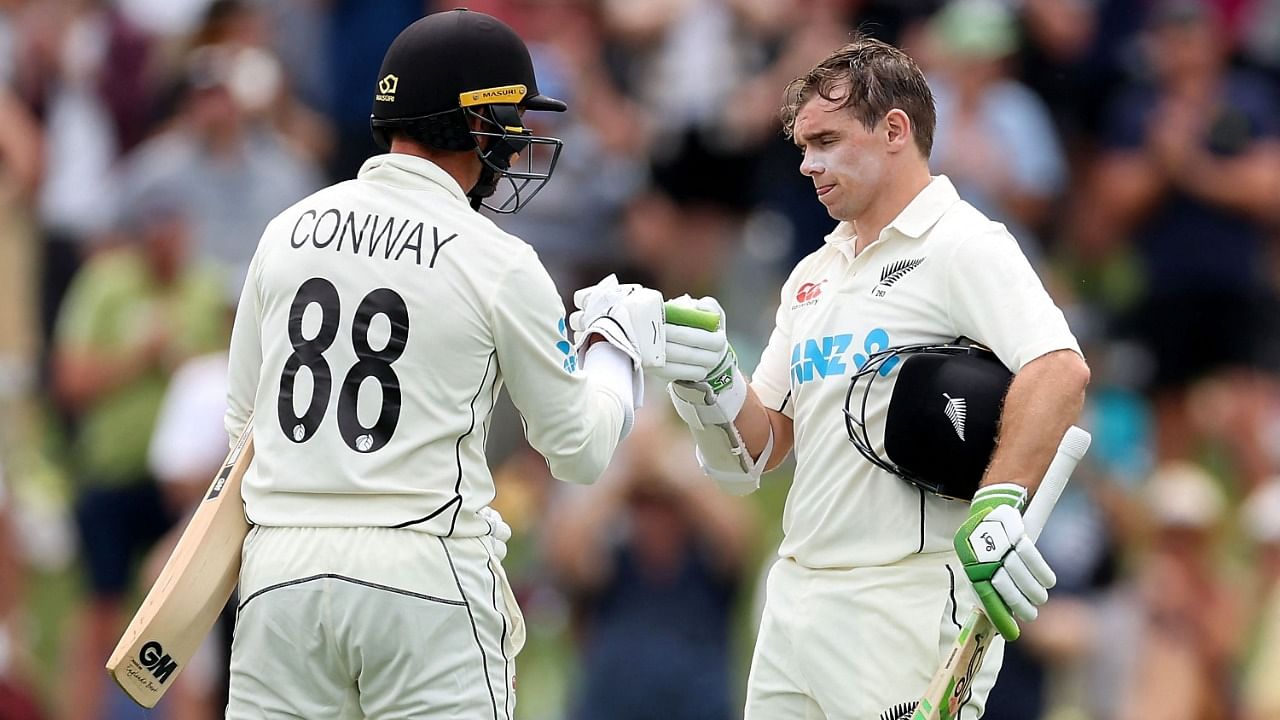 Tom Latham (186*) and Devon Conway (99*) were at the crease at the day's close. Credit: AFP Photo