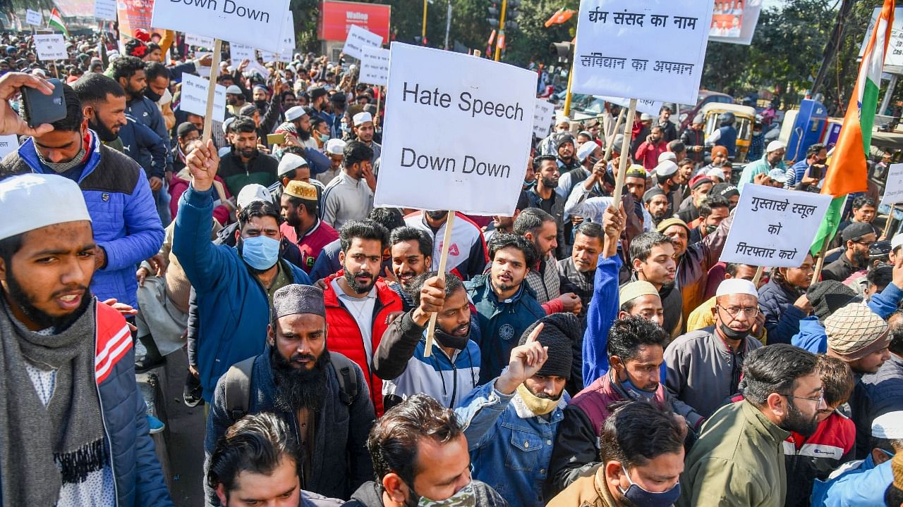 People from the Muslim community stage a protest at the police headquarters against the hate speeches made at Haridwar 'Dharm Sansad', in Dehradun. Credit: PTI File Photo