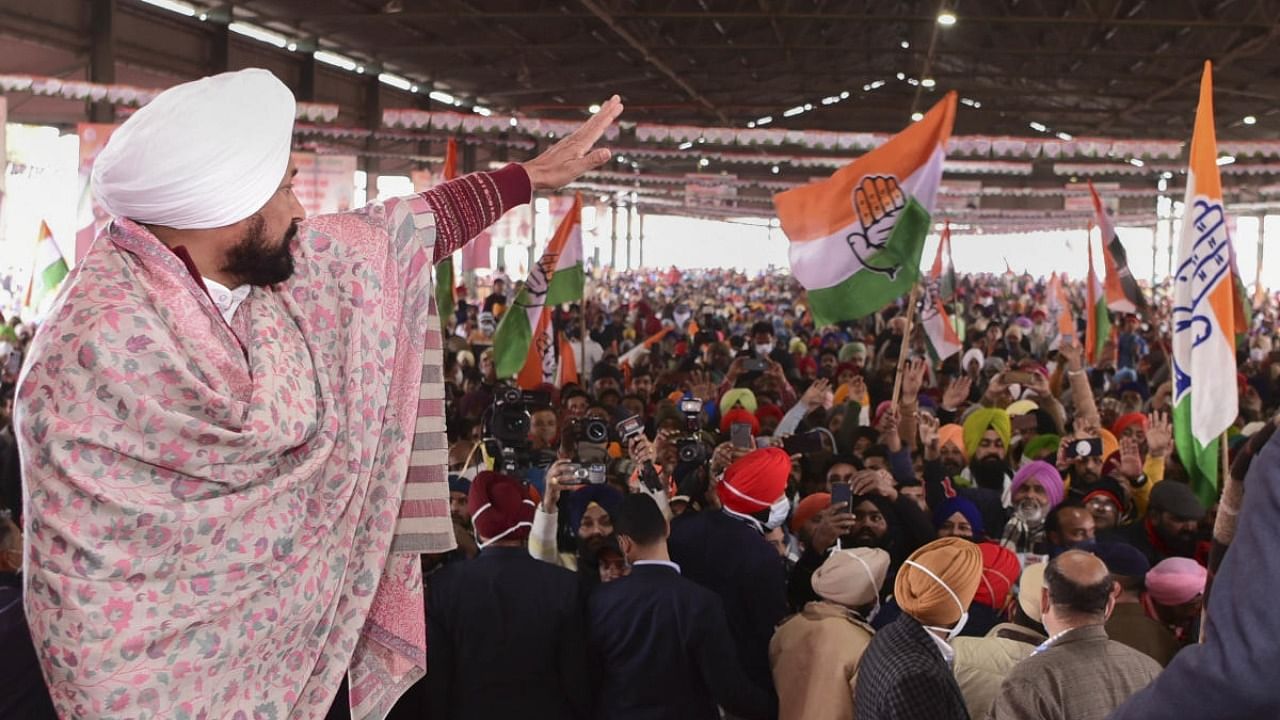 Punjab Chief Minister Charanjit Singh Channi during a rally, ahead of the state Assembly elections, at Rajpura in Patiala. Credit: PTI Photo
