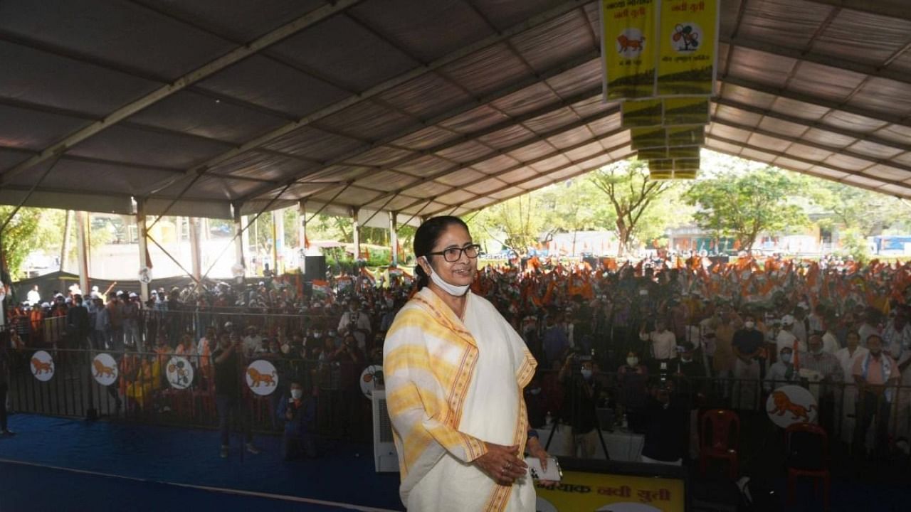 TMC Supremo and West Bengal Chief Minister Mamata Banerjee addresses a public meeting ahead of the Goa Assembly Elections in Panaji, Goa. Credit: IANS Photo