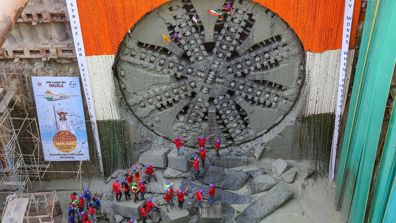 Mavala, India's largest tunnel boring machine (TBM), being used for Mumbai coastal road project, at Girgaon Chowpatty in Mumbai. Credit: PTI Photo
