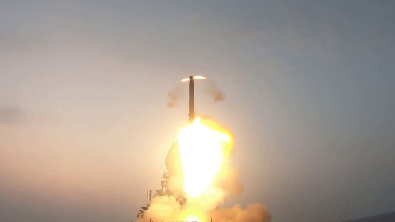 The BrahMos missile was fired from a stealth guided-missile destroyer of the Indian Navy. Credit: Twitter/@DRDO_India