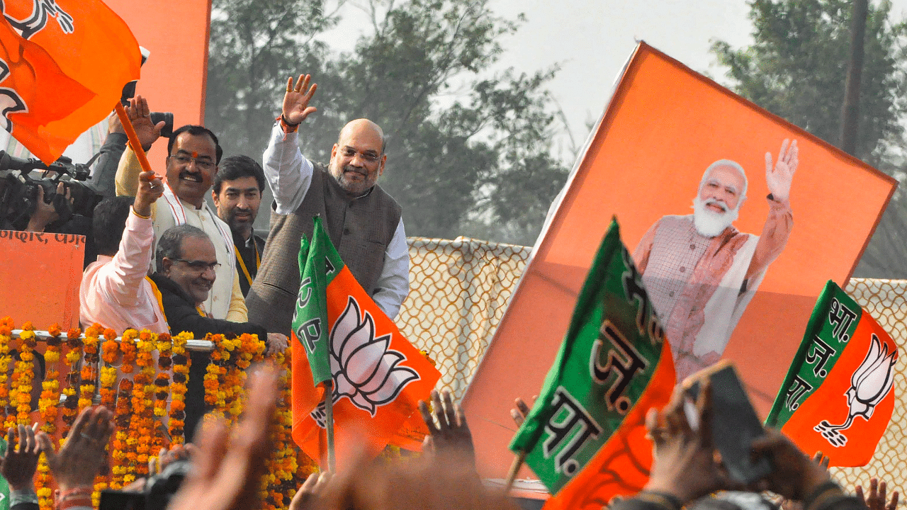 Union Home Minister Amit Shah during 'Jan Vishwas Rally' as part of Bharatiya Janata Party (BJP)'s election campaign, ahead of 2022 UP assembly polls. Credit: PTI Photo