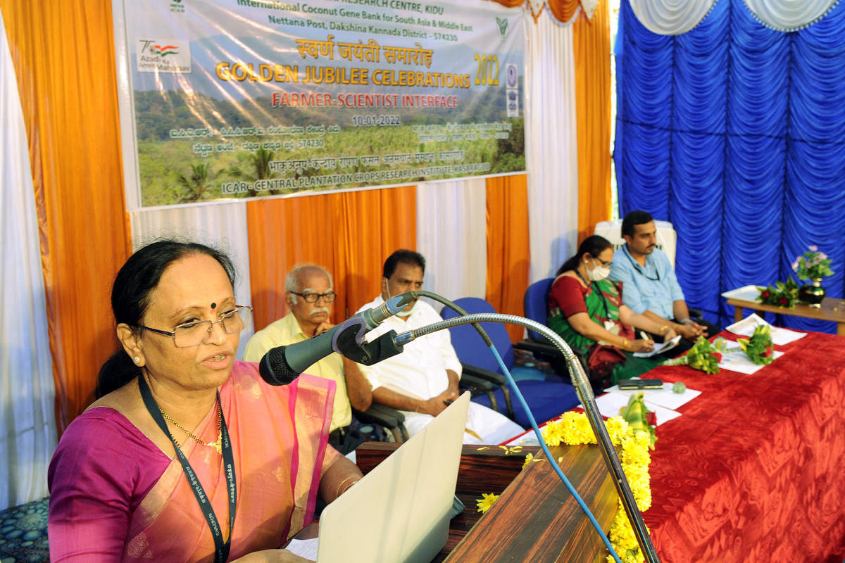 ICAR-CPCRI, Kasargod, Director Dr Anitha Karun speaks during the golden jubilee celebrations of ICAR-CPCRI, Research Centre, Kidu.