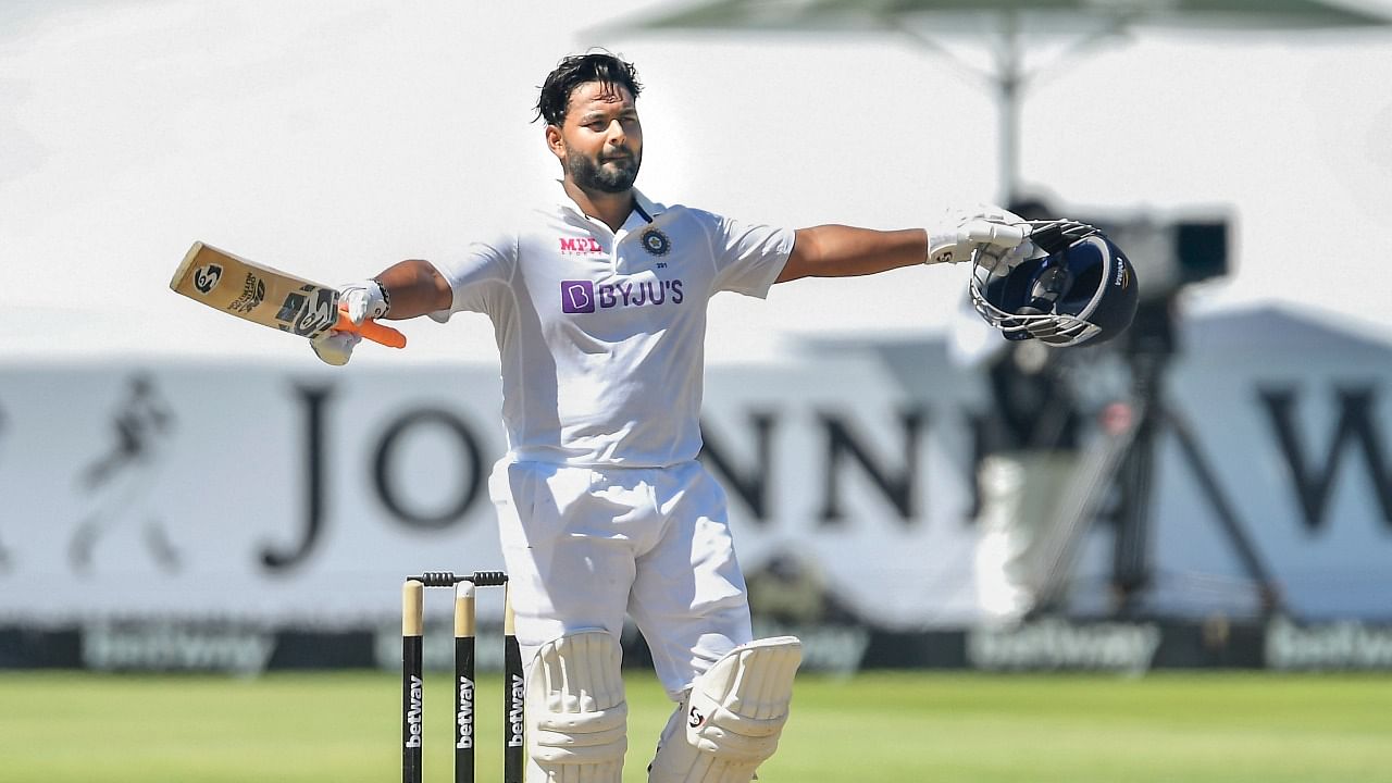 Rishabh Pant celebrates scoring a century on Day 3 of the 3rd Test against South Africa in Cape Town. Credit: PTI Photo