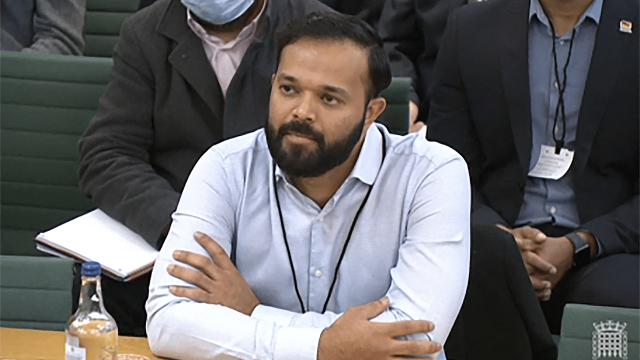 A video grab from footage broadcast by the UK Parliament's Parliamentary Recording Unit (PRU) shows former Yorkshire cricketer Azeem Rafiq. Credit: AFP Photo