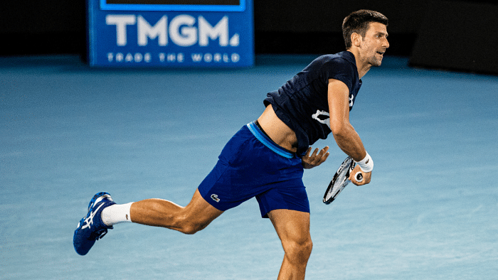 Serbian tennis player Novak Djokovic practices at Melbourne Park. Credit: Reuters Photo