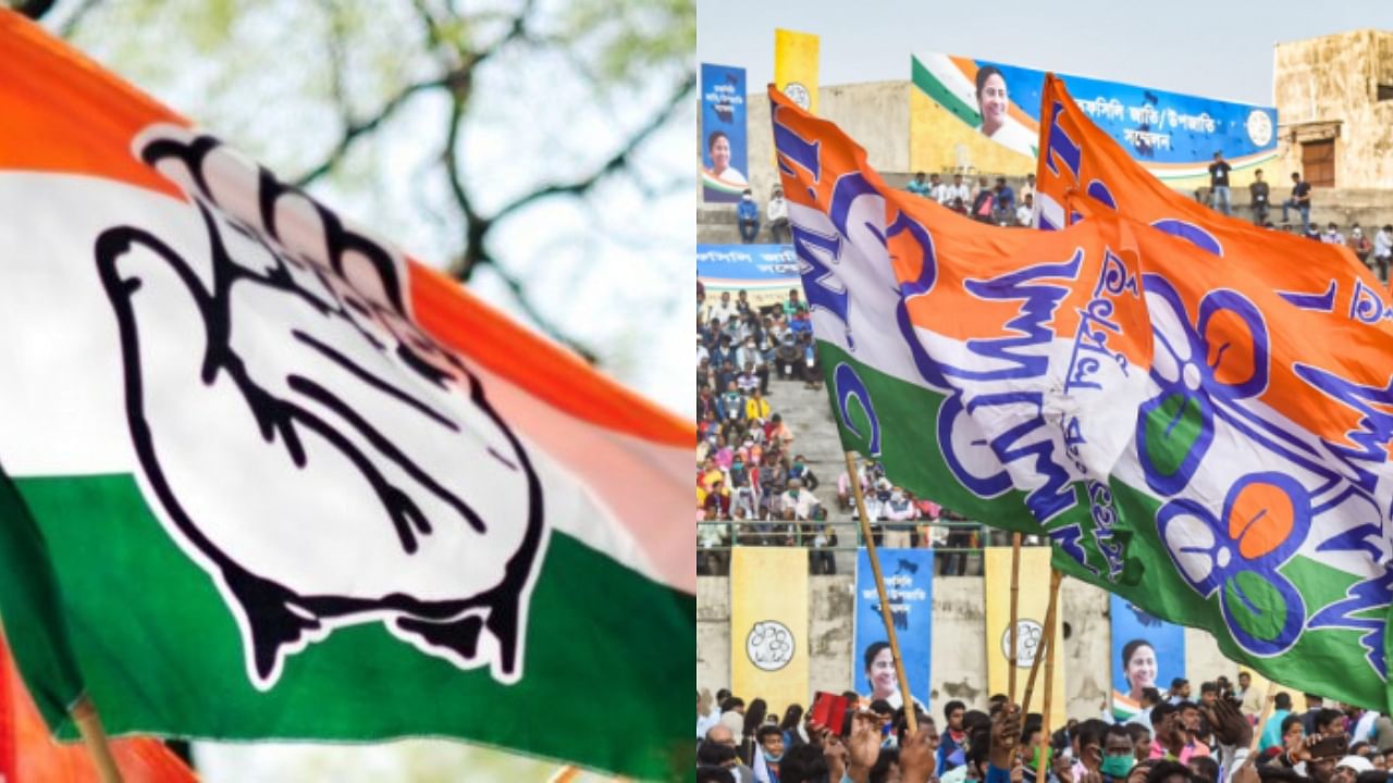 Congress and Trinamool Congress flags. Credit: Getty Images/PTI Photo