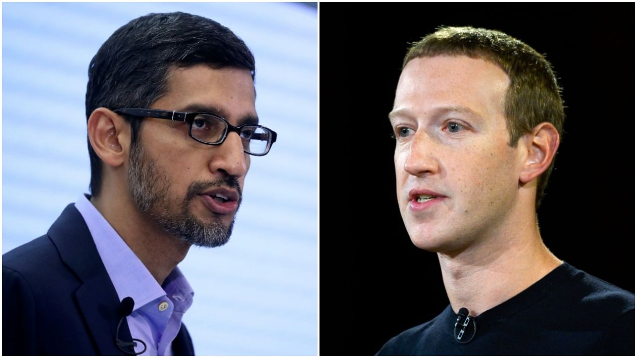 Alphabet CEO Sundar Pichai and Facebook CEO Mark Zuckerberg. Credit: Reuters Photo/AFP Photo