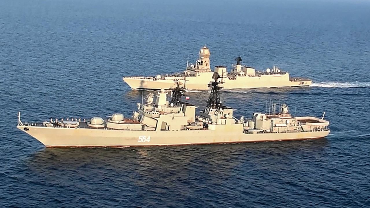 ndian Navy’s indigenously designed and built guided missile destroyer, INS Kochi, exercised with Russian Federation Navy’s RFS Admiral Tributs on 14 January 2022 in the Arabian Sea. Credit: PTI Photo