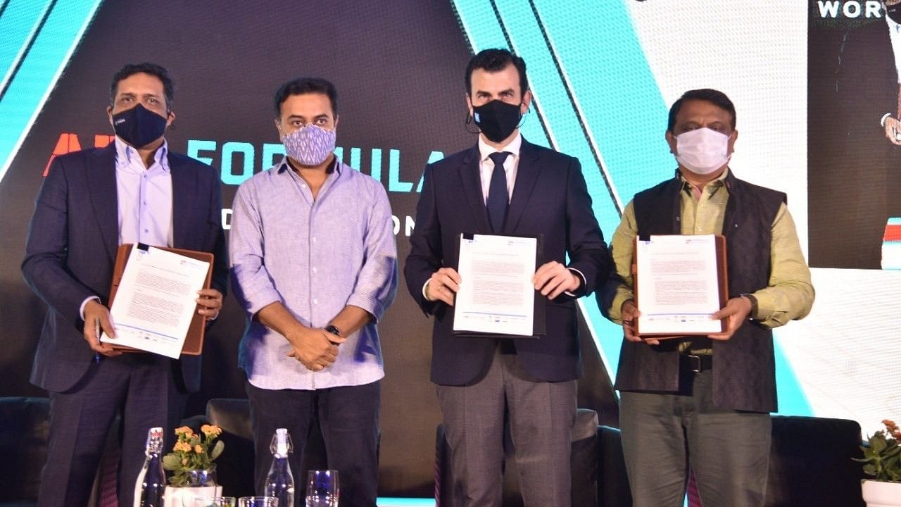Telangana minster K T Rama Rao (2nd from left) during the signing of letter of intent between Formula E and the state government. Credit: IANS Photo