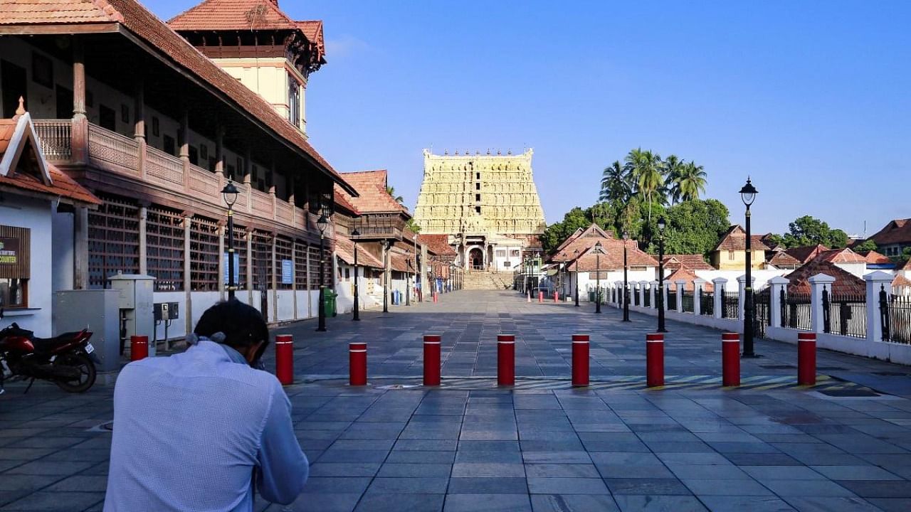The usually crowded premises of the Sree Padmanabhaswamy Temple wearing a deserted look during Covid lockdown. Credit: PTI Photo