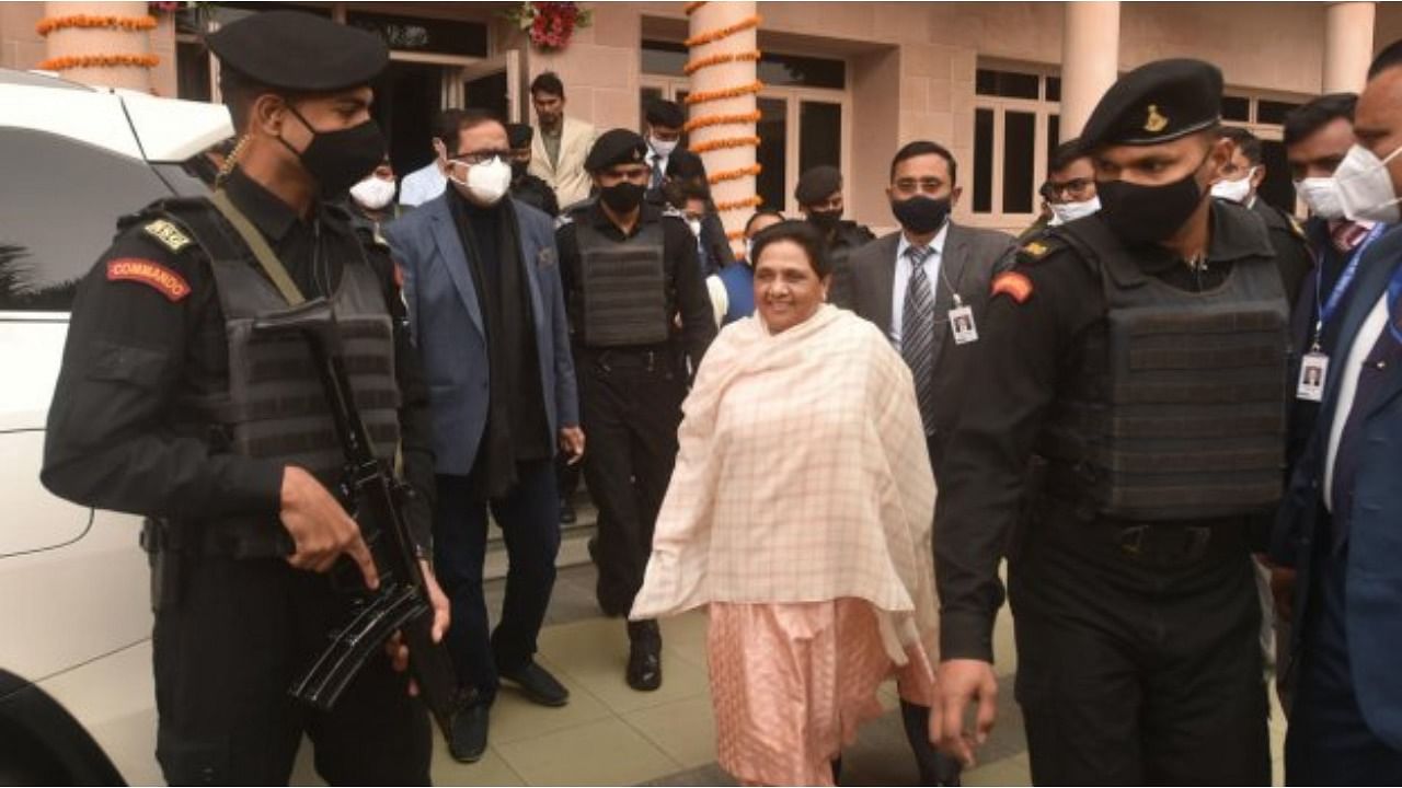 BSP Supremo Mayawati leaves after addressing a press conference on her birthday at the party office, in Lucknow, Saturday. Credit: PTI File Photo