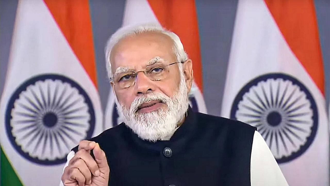 Prime Minister Narendra Modi delivers 'State of the World' special address at the World Economic Forum’s Davos Agenda, via video conferencing, in New Delhi. Credit: PTI Photo