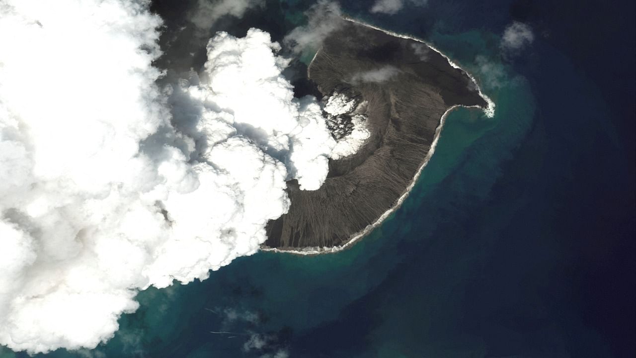 A satellite image shows the Hunga Tonga-Hunga Ha'apai volcano before its main eruption. Credit: Reuters Photo