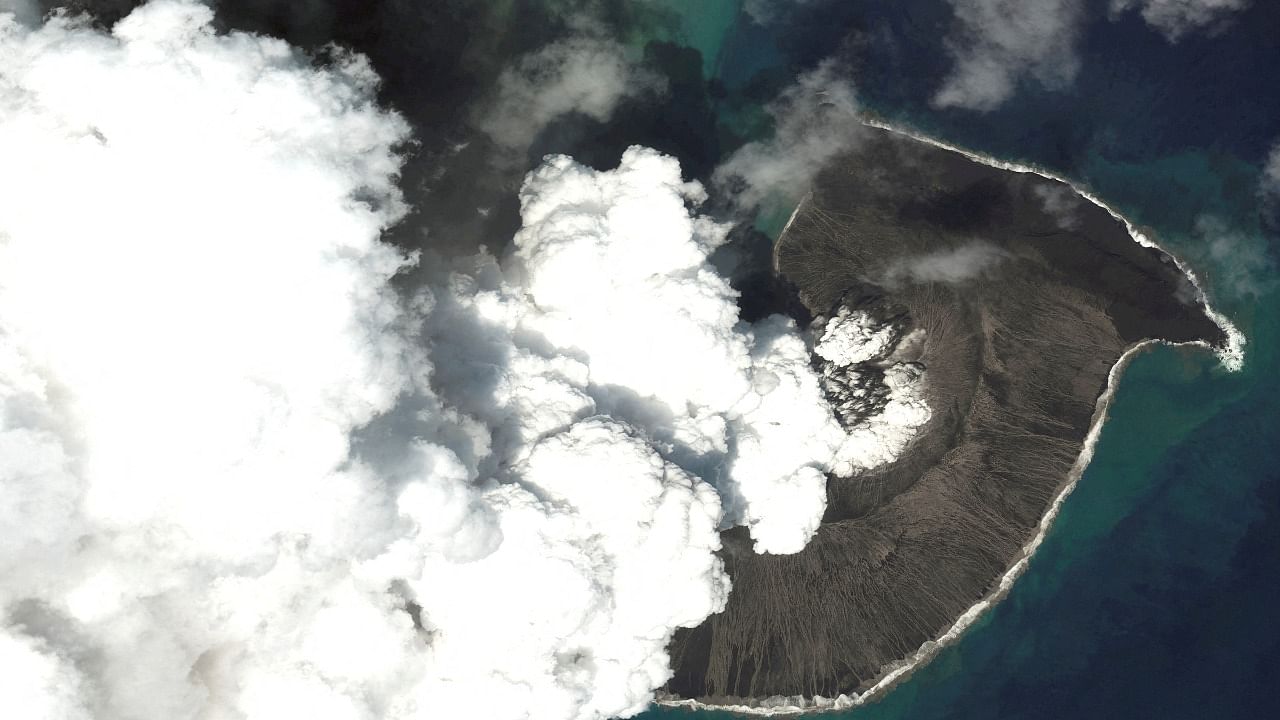 A satellite image shows the Hunga Tonga-Hunga Ha'apai volcano. Credit: Reuters Photo