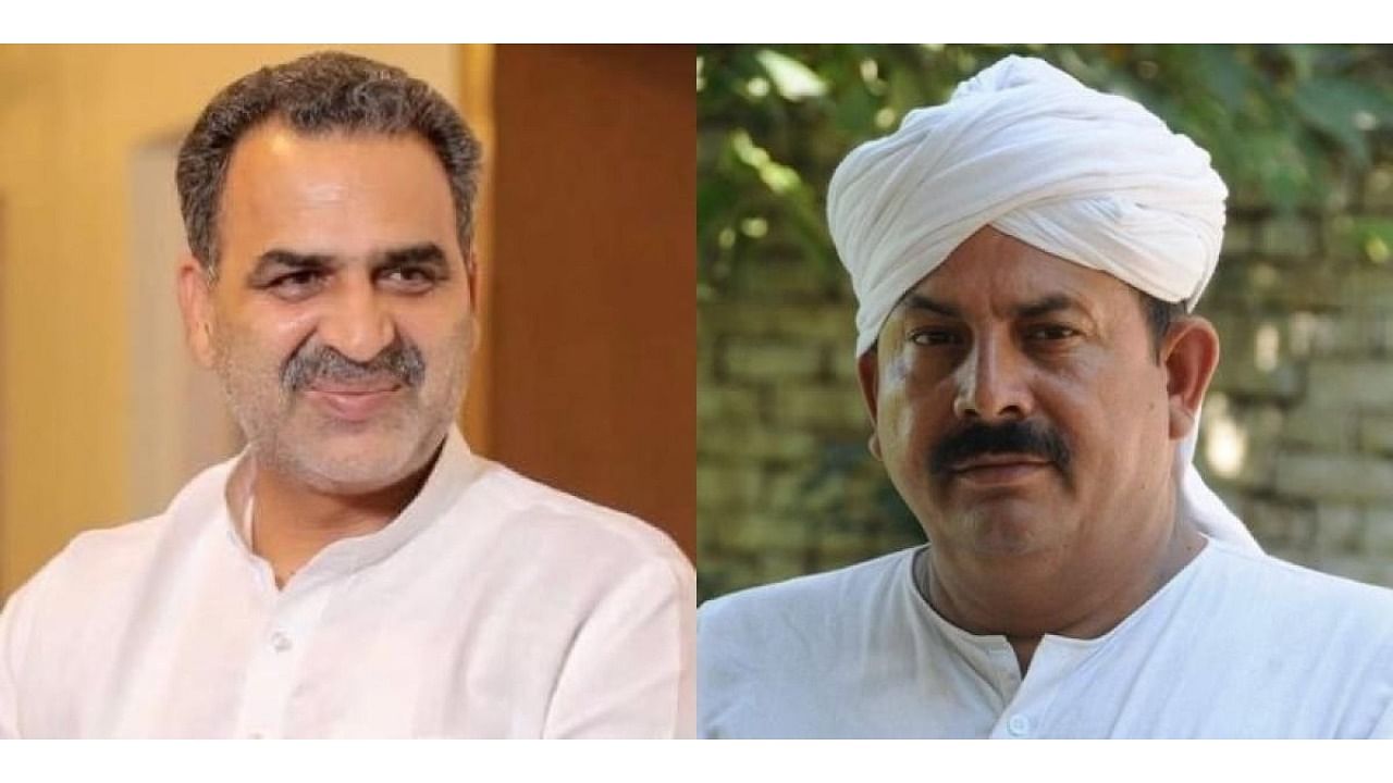 Union Minister of State Sanjeev Balyan (left), who hails from the community, visited BKU president Naresh Tikait and closeted with him for over a hour at the latter's residence. Credit: IANS/Twitter photo