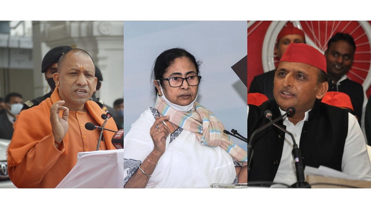 Yogi Adityanath (L), Mamata Banerjee (C), Akhilesh Yadav. Credit: IANS/PTI Photo