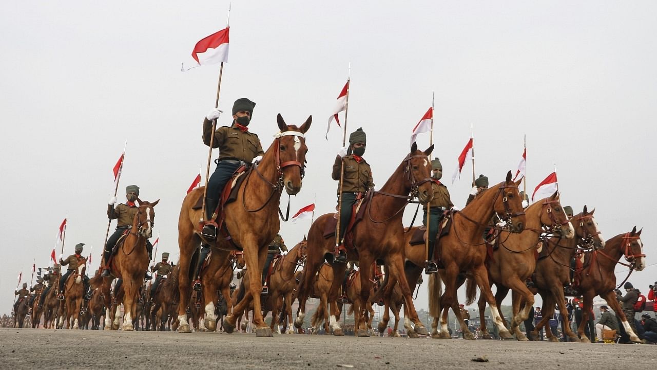President's Bodyguards on horses during the rehearsal for the upcoming Republic Day parade. Credit: IANS Photo