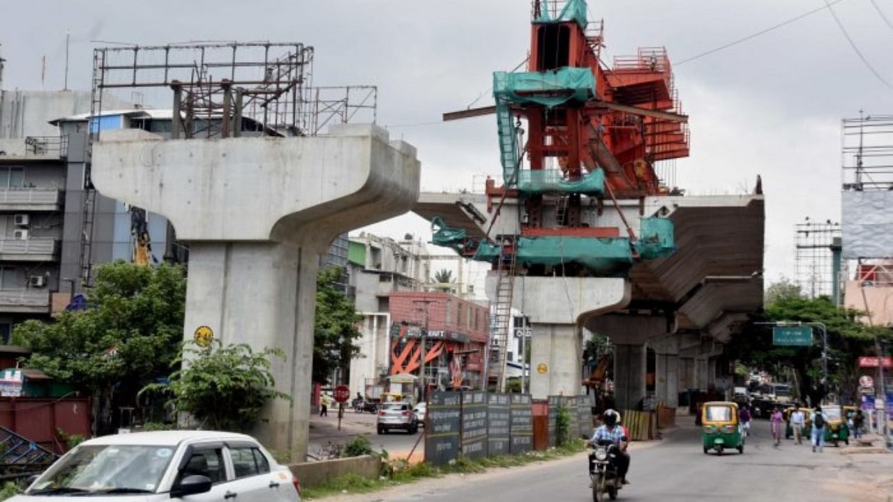 A file picture of the flyover construction in Ejipura. Credit: DH File Photo