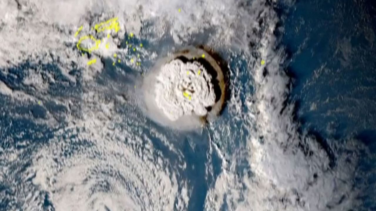 A grab taken from footage by Japan's Himawari-8 satellite and released by the National Institute of Information and Communications (Japan) on January 15, 2022 shows the volcanic eruption that provoked a tsunami in Tonga. Credit: AFP Photo