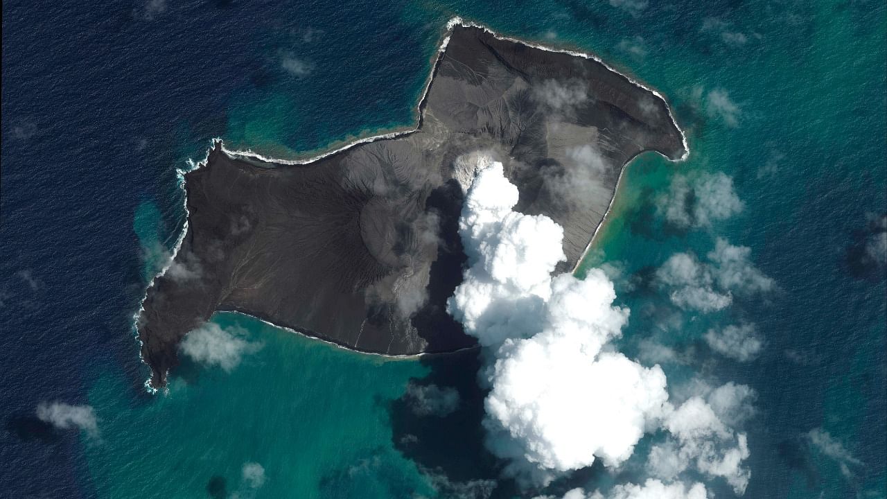 A satellite image provided by Maxar Technologies shows an overview of Hunga Tonga volcano on January 6, before a huge undersea volcanic eruption. Credit: AP/PTI Photo