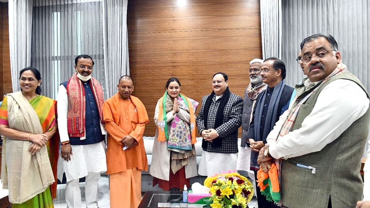She joined the party in the presence of Uttar Pradesh Deputy Chief Minister Keshav Prasad Maurya and state party chief Swatantra Dev Singh. Credit: Twitter/@myogiadityanath
