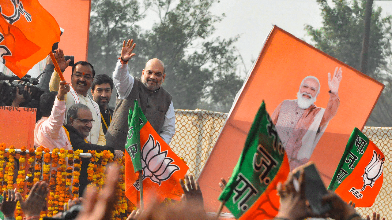 Union Home Minister Amit Shah during 'Jan Vishwas Rally' as part of Bharatiya Janata Party (BJP)'s election campaign, ahead of 2022 UP assembly polls. Credit: PTI Photo