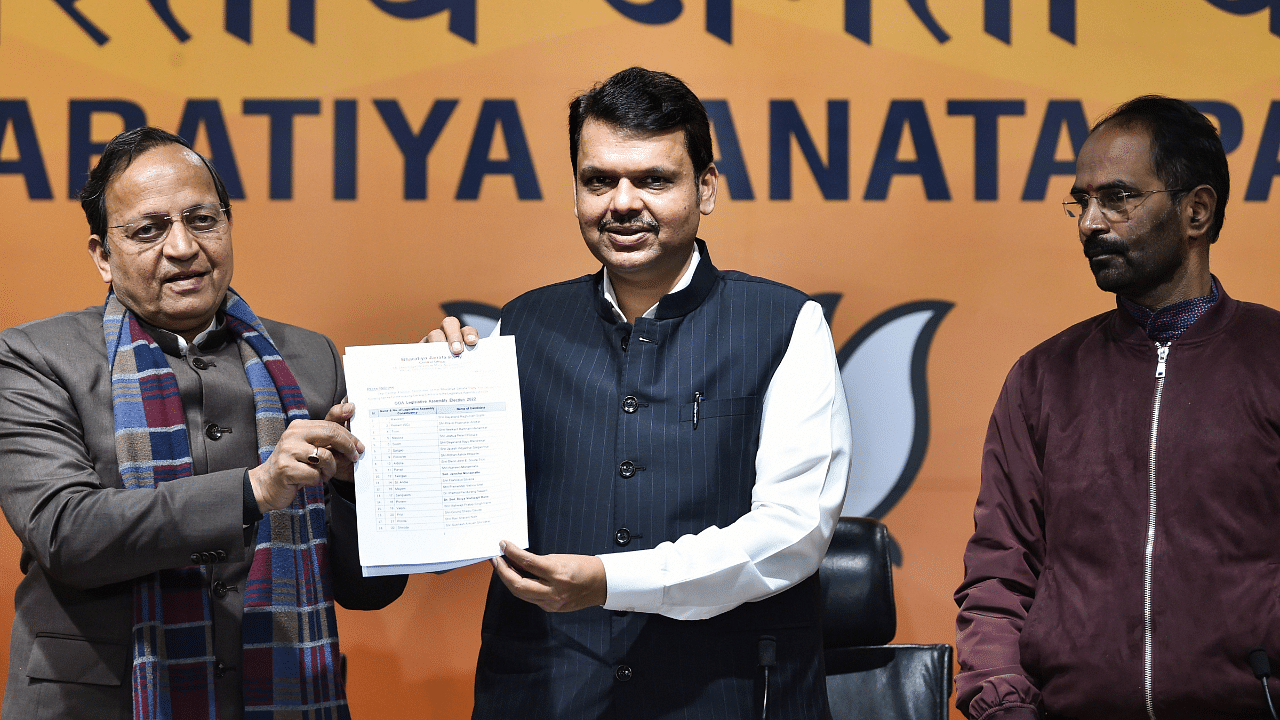  BJP leader Arun Singh and BJP Goa election in-charge Devendra Fadnavis announce the list of party candidates for Goa assembly polls. Credit: PTI Photo