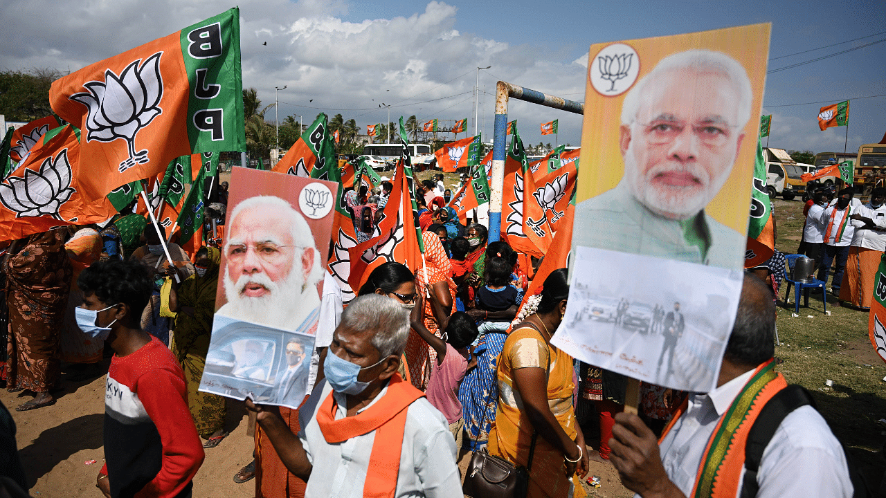 BJP workers at a protest march over alleged security breach by the Punjab government during PM Narendra Modi's visit to Ferozepur (Punjab). Credit: PTI Photo
