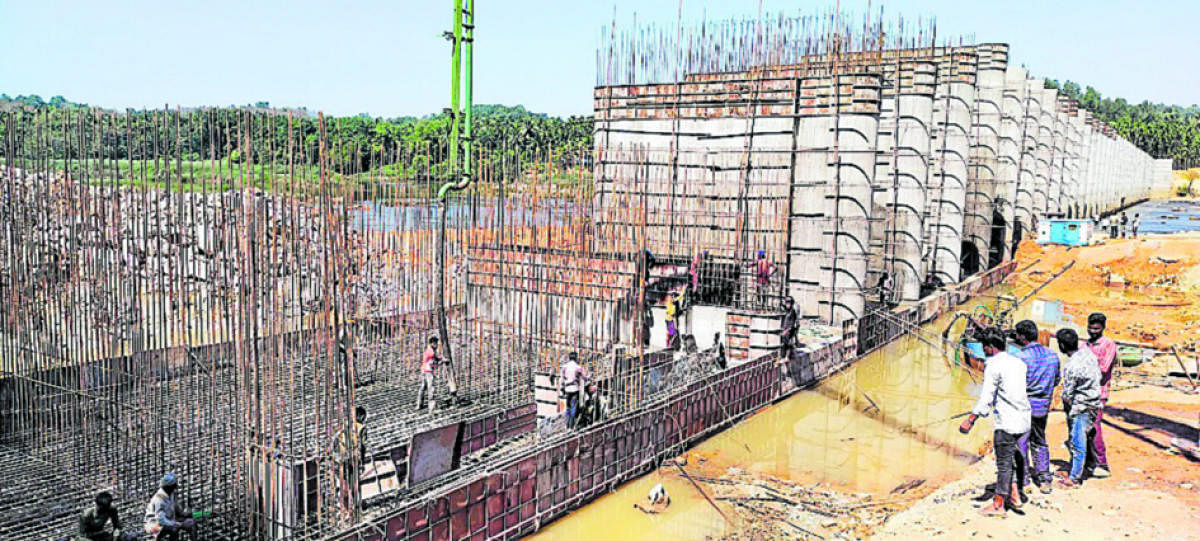 The work on the dam in progress at Biliyoor near Uppinangady.