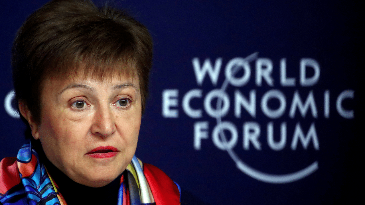 IMF Managing Director Kristalina Georgieva speaks at a news conference ahead of the World Economic Forum (WEF) in Davos. Credit: Reuters File Photo