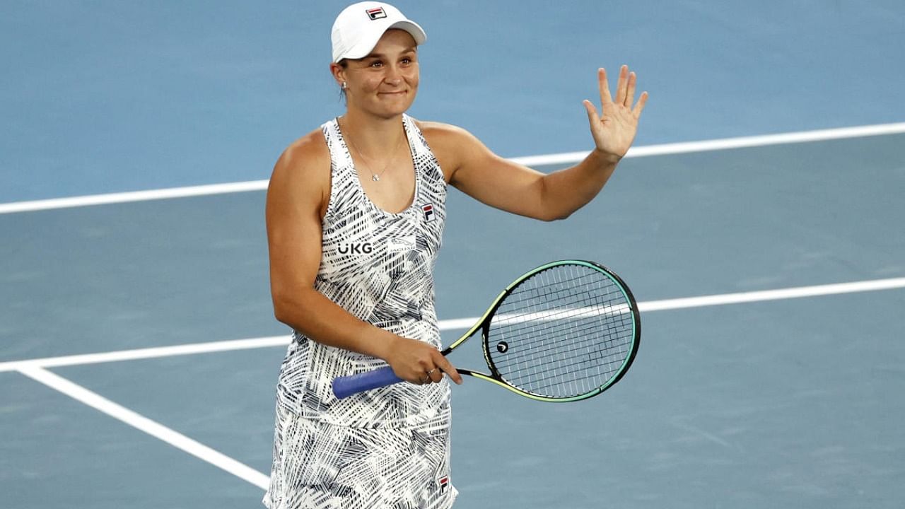 Ash Barty of Australia celebrates after defeating Jessica Pegula of the U.S. in their quarterfinal match at the Australian Open tennis championships in Melbourne, Australia. Credit: AP Photo
