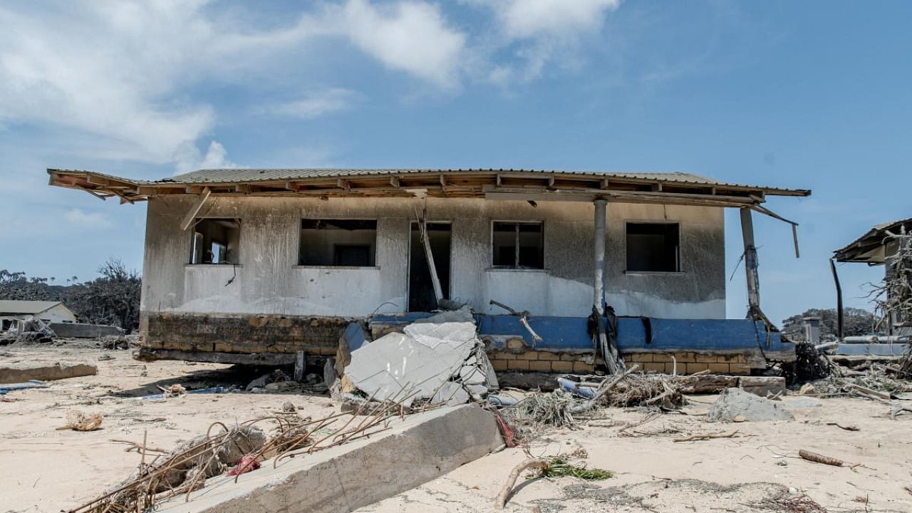 A general view shows damaged buildings following volcanic eruption and tsunami in Nomuka, Tonga. Credit: Reuters Photo