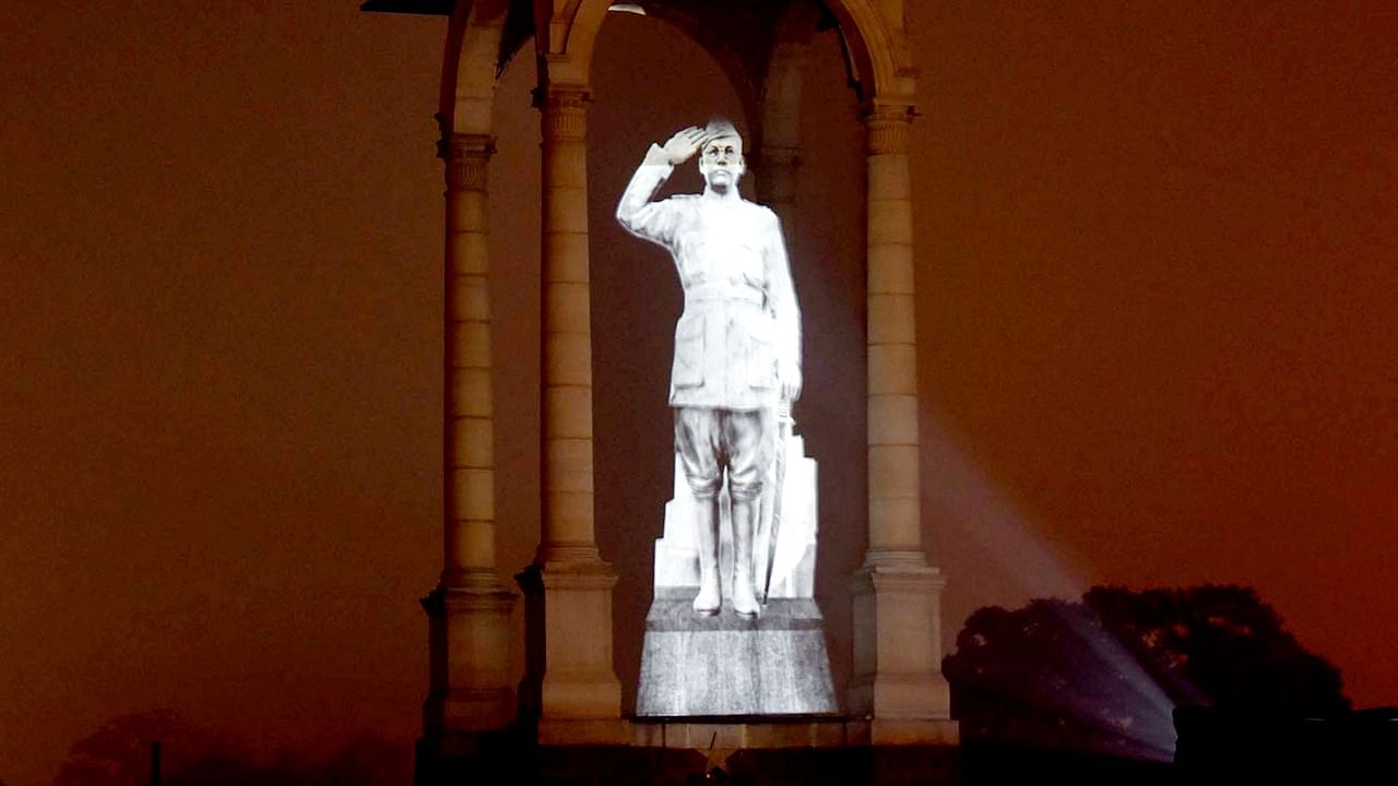 Hologram of the statue of Netaji Subhas Chandra Bose unveiled by the PM. Credit: PTI Photo