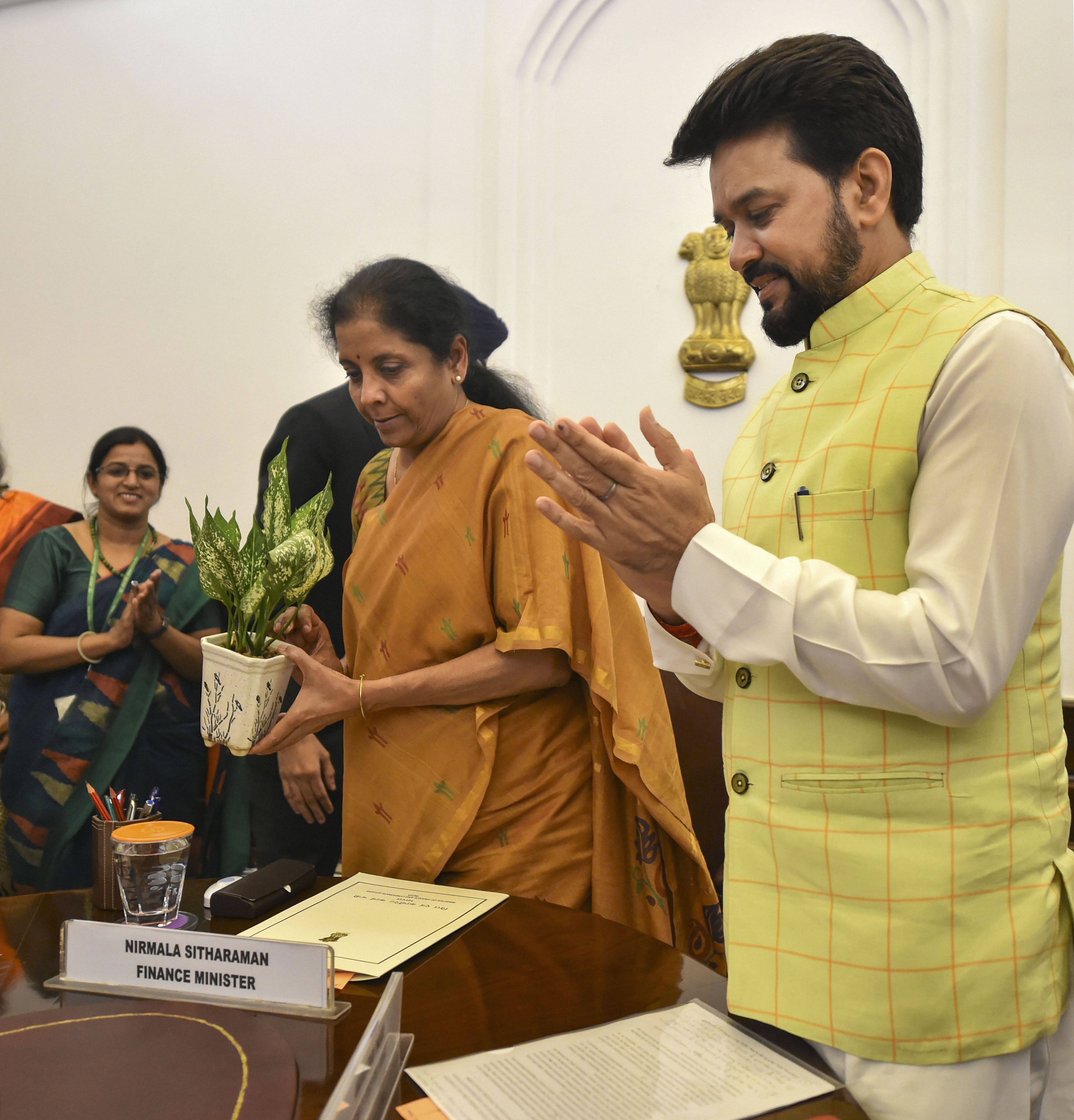 Finance Minister Nirmala Sitharaman, Minister of State for Finance Anurag Thakur (R) and Chief Economic Adviser Krishnamurthy Subramanian. (PTI Photo)