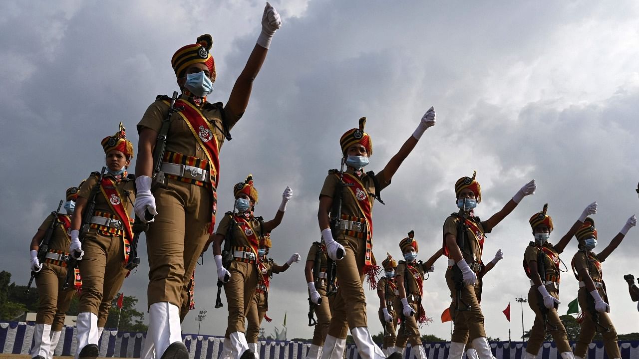 Cadets of the Railway Protection Forces march during the Republic Day Parade at the ICF grounds in Chennai. Credit: AFP Photo