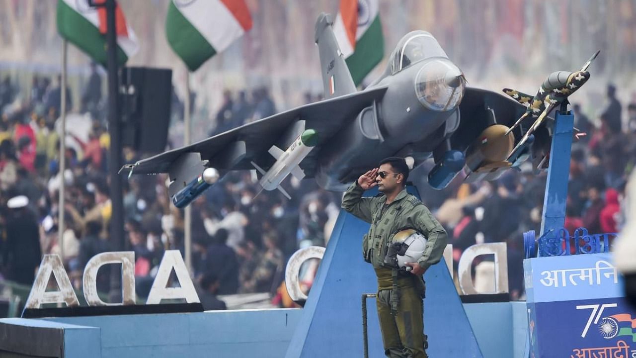  IAF's tableau on display during the full dress rehearsal of the Republic Day Parade 2022, at the Rajpath in New Delhi, Sunday, Jan. 23, 2022. Credit: PTI Photo