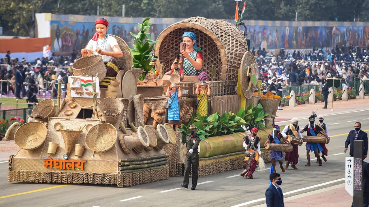 Meghalaya tableau passes the Rajpath, during the Republic Day Parade 2022 in New Delhi, Wednesday, Jan. 26, 2022. Credit: PTI Photo