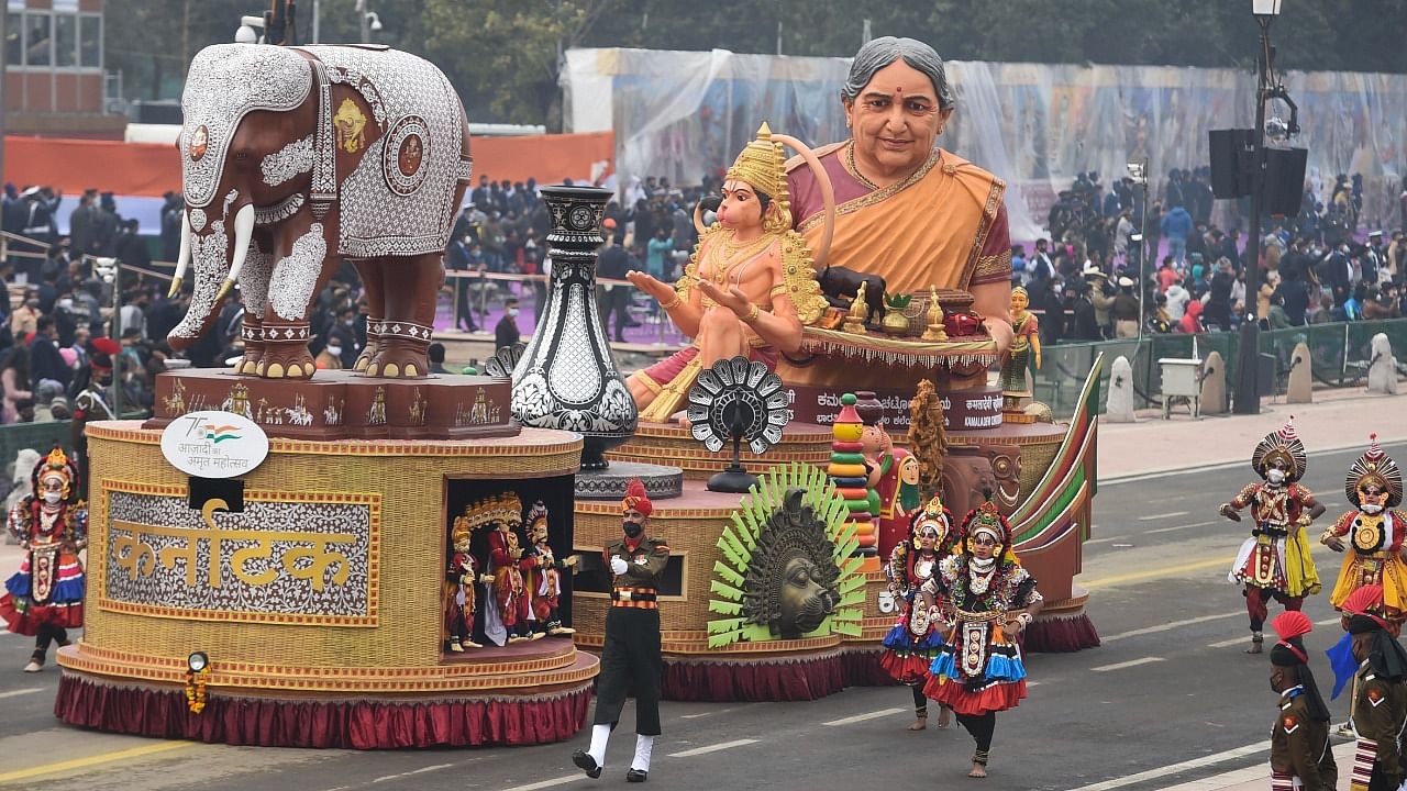 The tableau also featured Kamaladevi Chhatopadhyay, the acclaimed freedom fighter from Karnataka, who is also hailed as the 'mother of traditional handicrafts in India'. Credit: PTI Photo