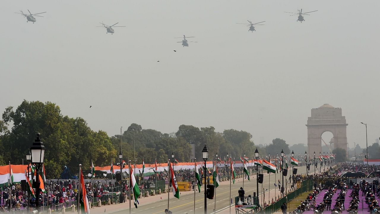 Indian Air Force (IAF) helicopters flypast during the Republic Day Parade 2022 in New Delhi. Credit: PTI Photo