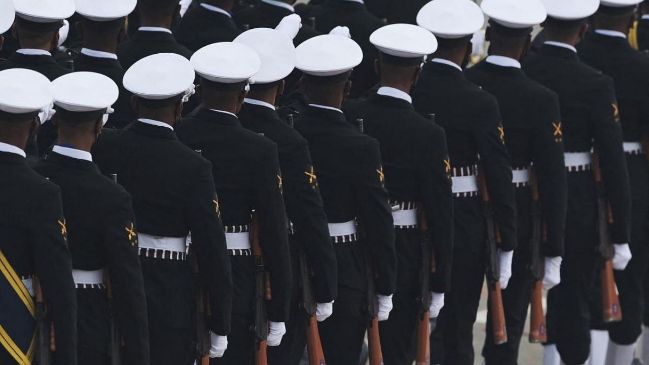 Indian Navy contingent marches during India's 73rd Republic Day parade at the Rajpath in New Delhi. Credit: AFP Photo