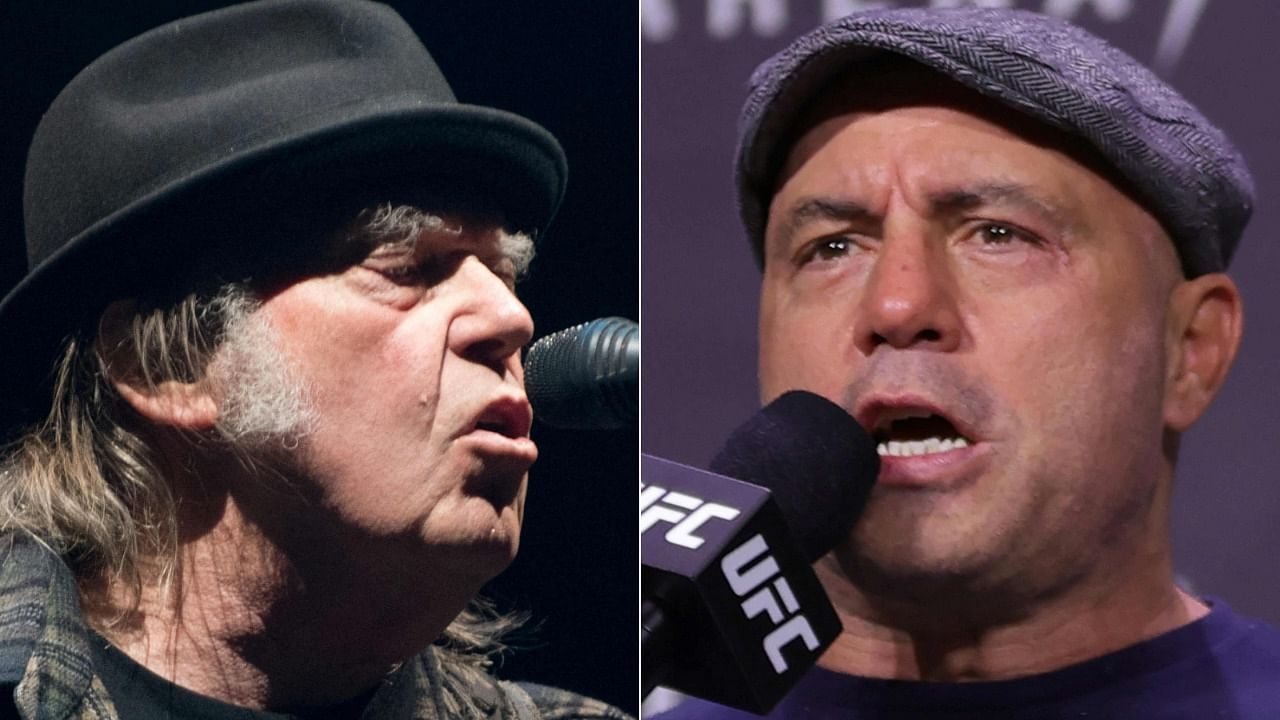 Neil Young (L) and Joe Rogan. Credit: AFP Photo