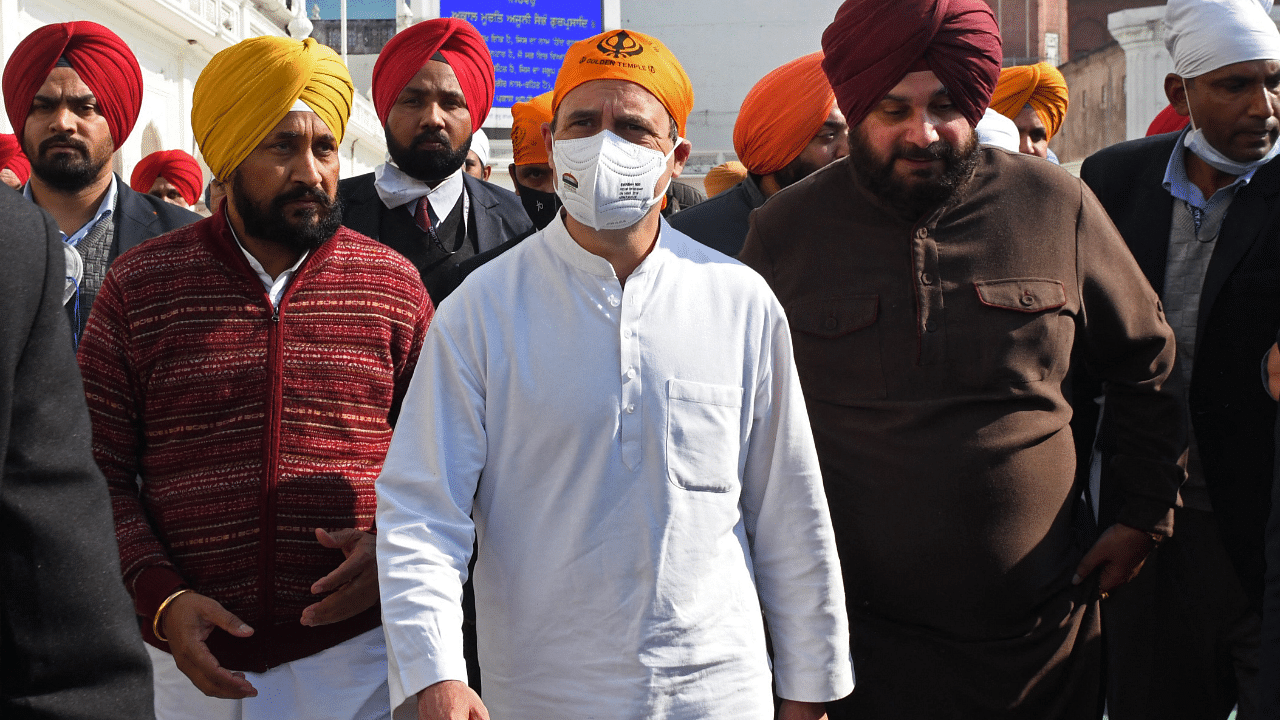 Congress party leaders Rahul Gandhi (C), Navjot Singh Sidhu (2R) and Punjab's state chief minister Charanjit Singh Channi (2L). Credit: AFP Photo