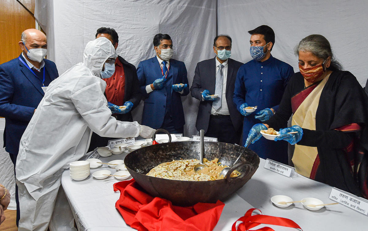 Finance Minister Nirmala Sitharaman along with Minister of State for Finance Anurag Singh Thakur during 'Halwa' ceremony last year. Credit: PTI Photo