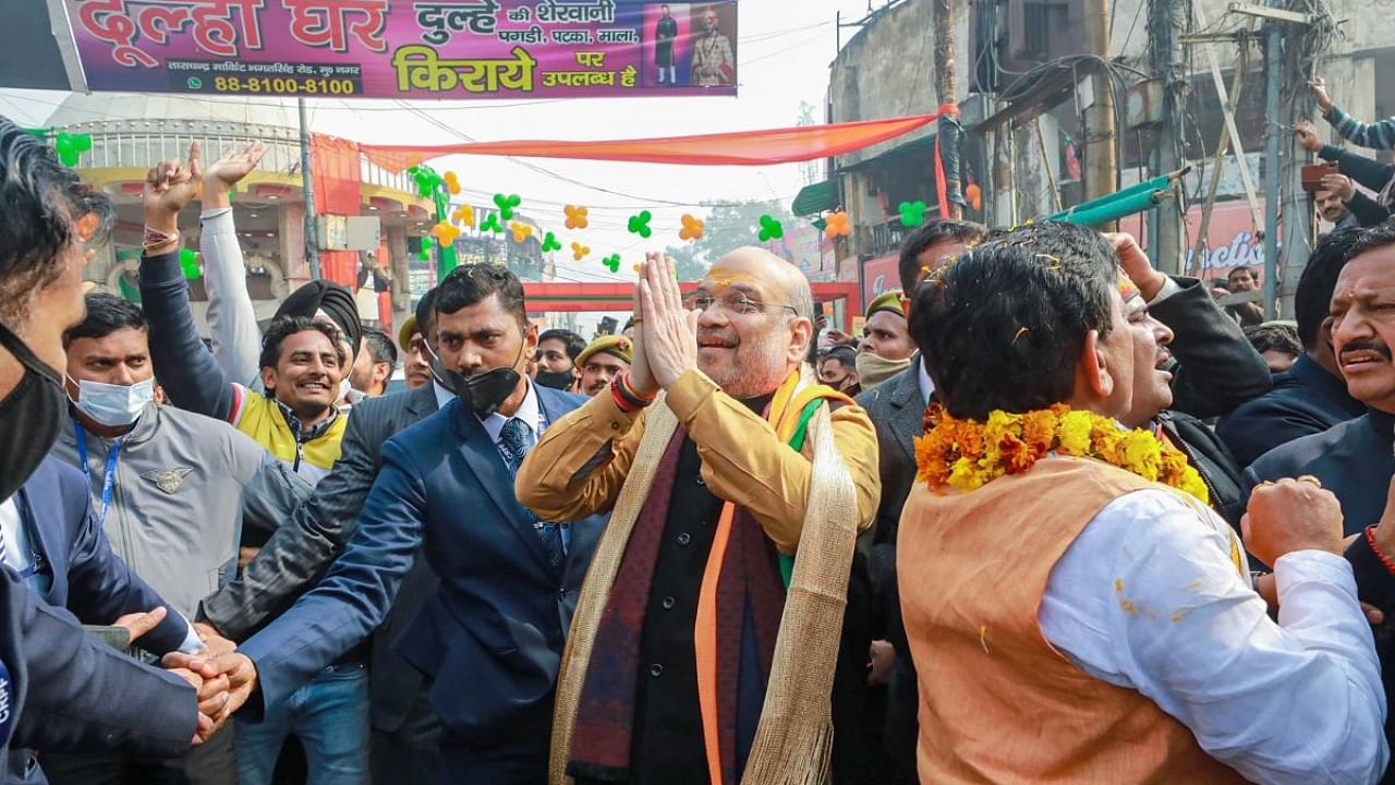 Union Minister and senior BJP leader Amit Shah campaigns for the party candidates ahead of the UP Assembly elections, in Muzaffarnagar. Credit: PTI Photo