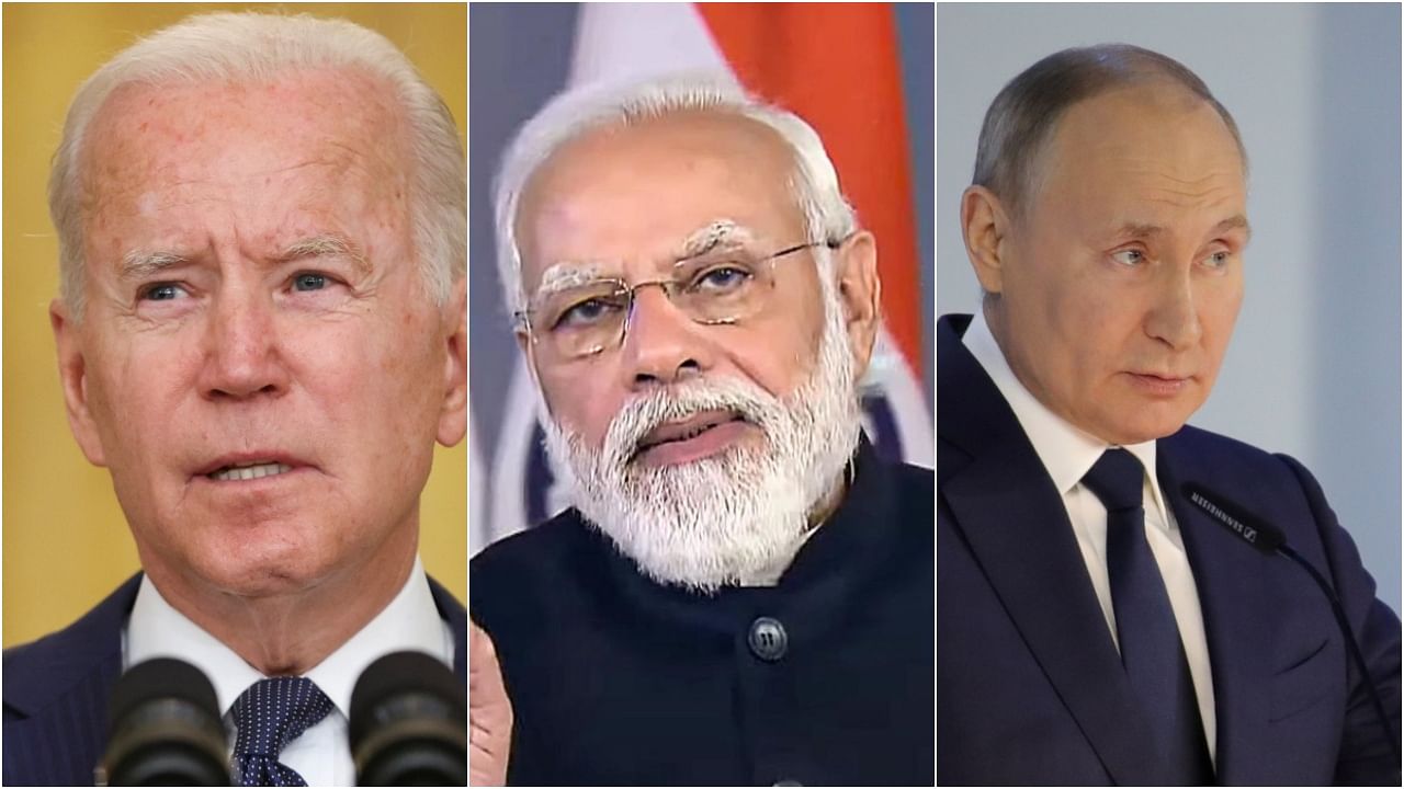 US President Joe Biden (left), PM Narendra Modi (centre) and Russian President Vladimir Putin (right). Credit: Reuters/PTI photos